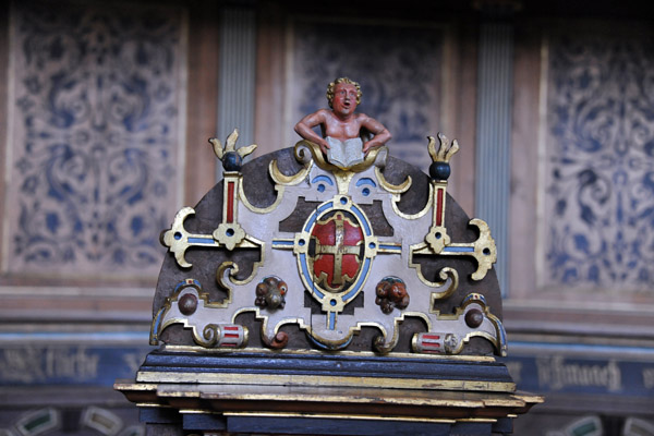 Kronborg Chapel - detail of the carvings on the pews