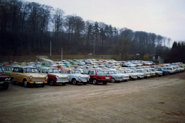 East German parking lot - dozens of Trabants and 1 West German BMW
