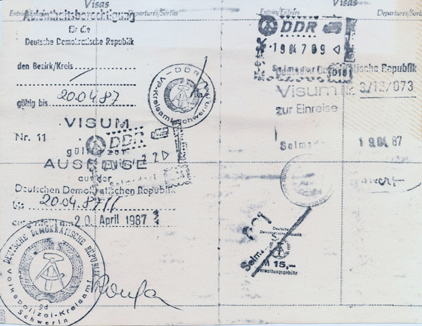 Entry and Exit Visas for the German Democratic Republic, 1987