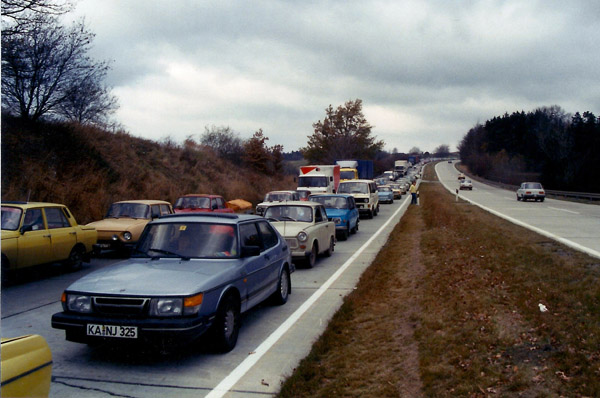After the fall of the Berlin Wall, 13 Nov 1989 - stuck in a traffic jam on the autobahn crossing (Hof)