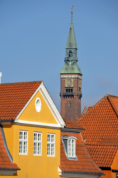Copenhagen Town Hall Tower with hold houses on Frederiksholm Canal
