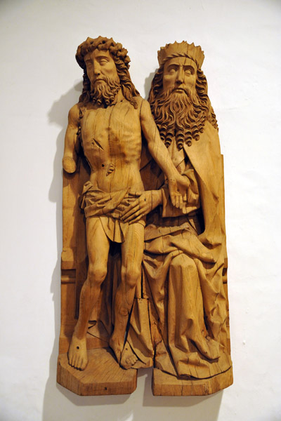 God enthroned is holding the martyred Jesus, Tystrup Church, Zealand ca 1500