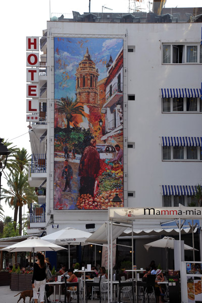 Mural of the Sitges church on a hotel, Passeig de la Ribera