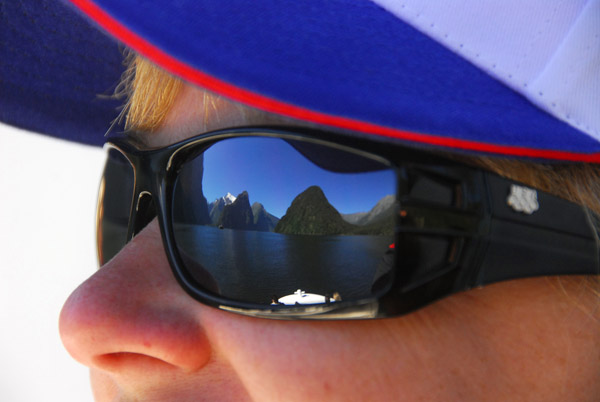 Milford Sound reflected in Debbie's sunglasses