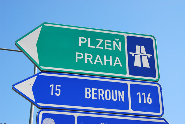 Road sign for the motorway between Praha and Plzeň (Prague and Pilsen)