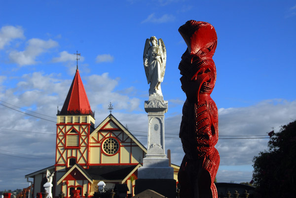 Maori carvings and St. Faith's Church, Ohinemutu