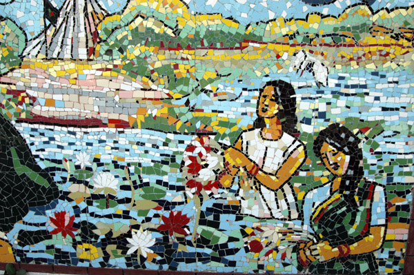 Mosaic of woman making bouquets of water lilies, the national flower of Bangladesh