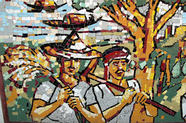 Mosaic on the wall of the Bangla Academy of farmers heading to the fields
