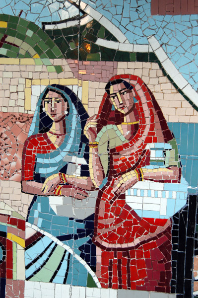 Mosaic of two women in traditional Bengali clothes carrying jugs