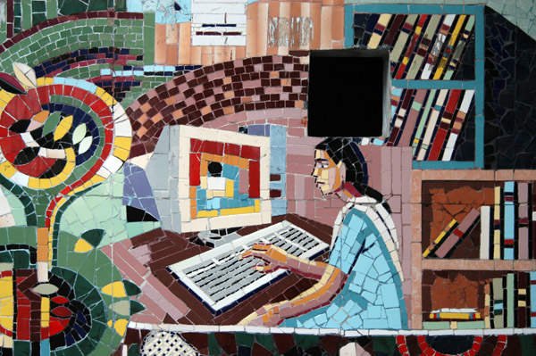Mosaic of a student from Viqarunnisa Noon School using a computer