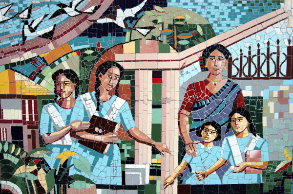 Mosaic of younger and older students at Viqarunnisa Noon School, an all-girls school in Dhaka
