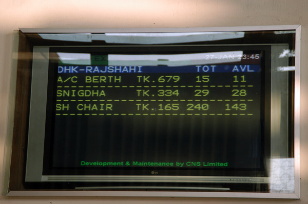 Monitor with train departures from Dhaka Kamalapur Railway Station