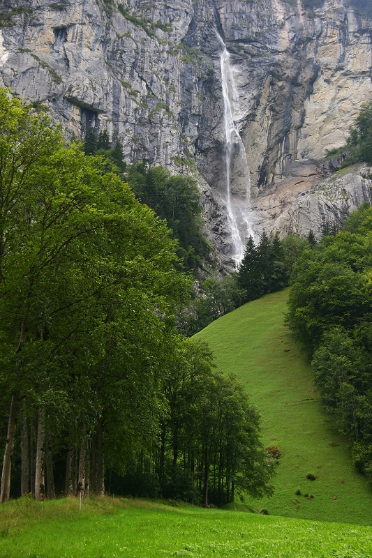 Staubbach Falls and Steep Alpine Meadow