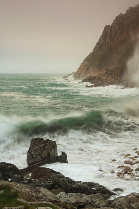 Stormy seas, foggy day, Porth Nanven