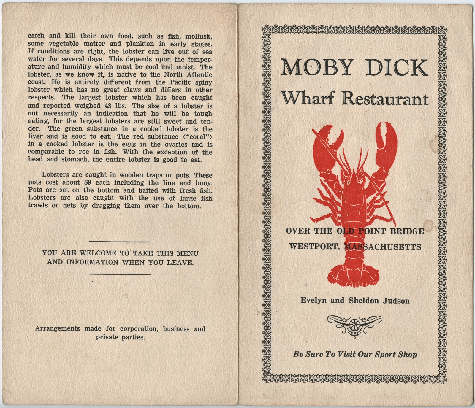 Moby Dick Wharf Restaurant Menu cover