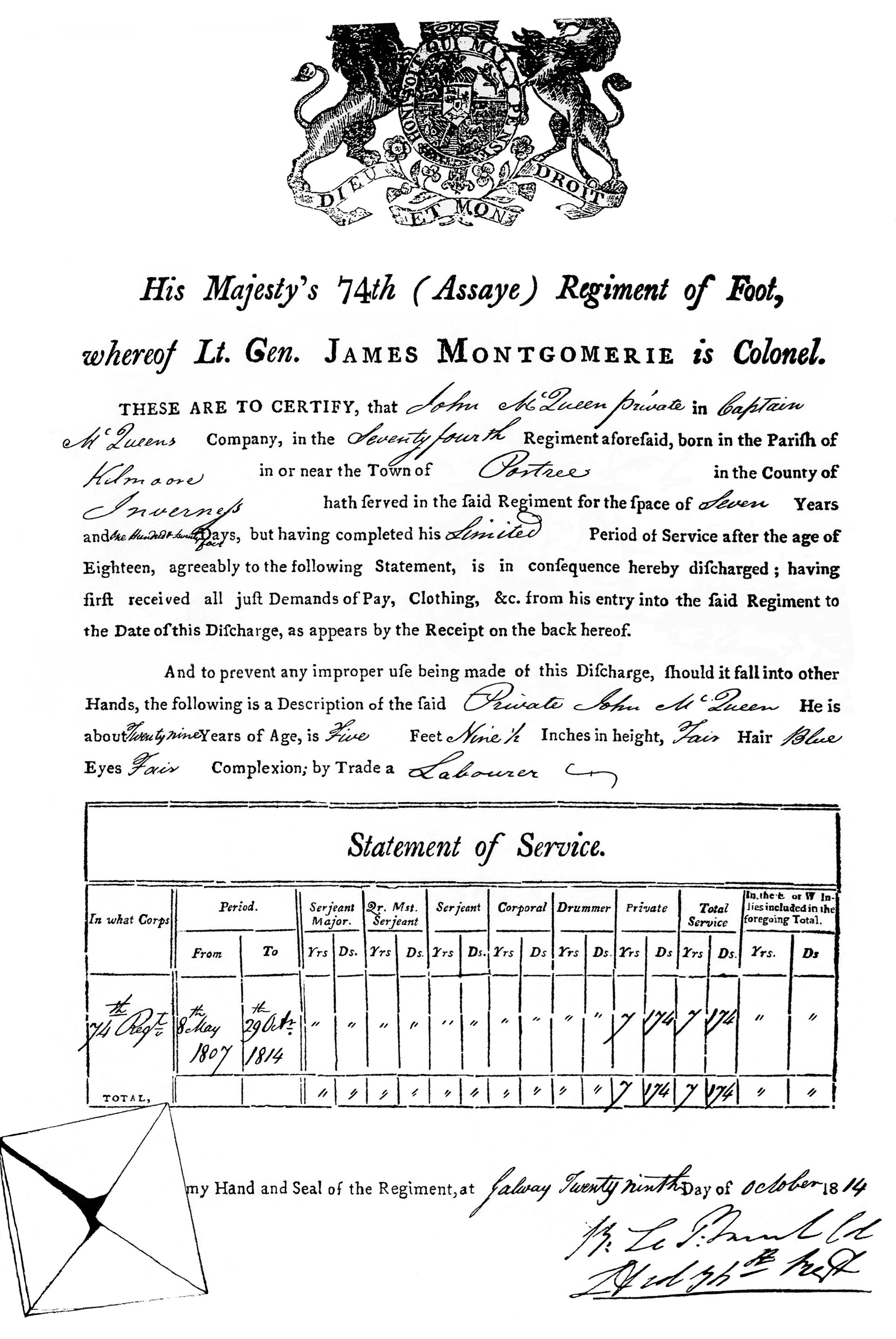 John MacQueen - Discharge Paper - October 29, 1814