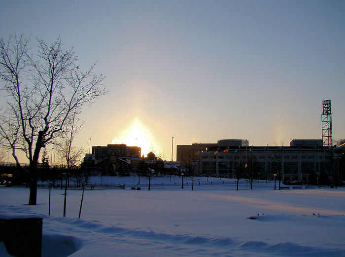 Sun pillar during a winter sunrise
