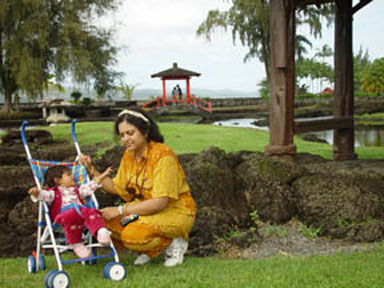 Uma and Sanchita taking in the magnificient landscapes in the Japanese gardens on the Big Island.