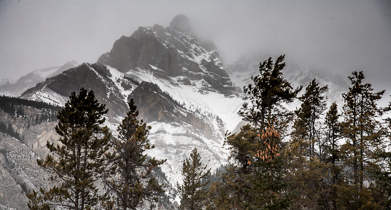 Cascade Mountain in the fog, Banff, Alberta, Canada