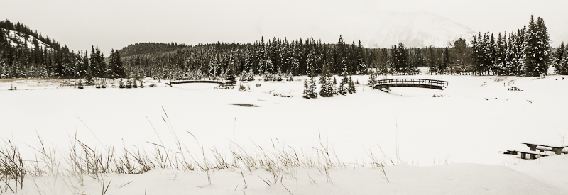 Bridges and picnic table, Cascade Pond, Banff