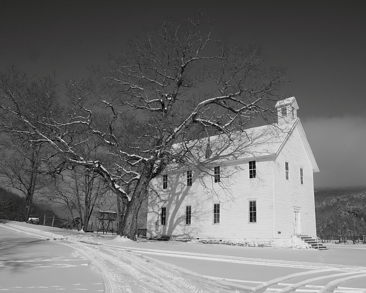 91061 old boxley church in snow bw web.JPG