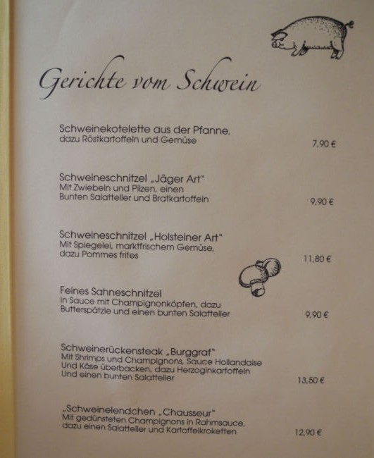 Menu at the resturant in Dinklage (I had the Schweinenschnitzel, and it was great)