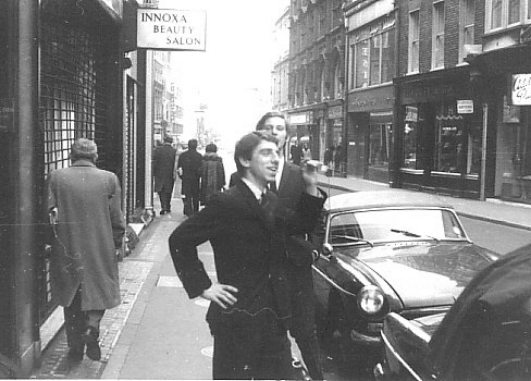 Outside  Vidal Sassoon 171 New Bond st. salon in 1966. Sean Jones and Mich Field
