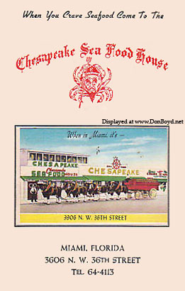 1950s - cover of menu for the Chesapeake Sea Food House, 3906 NW 36th Street, Miami