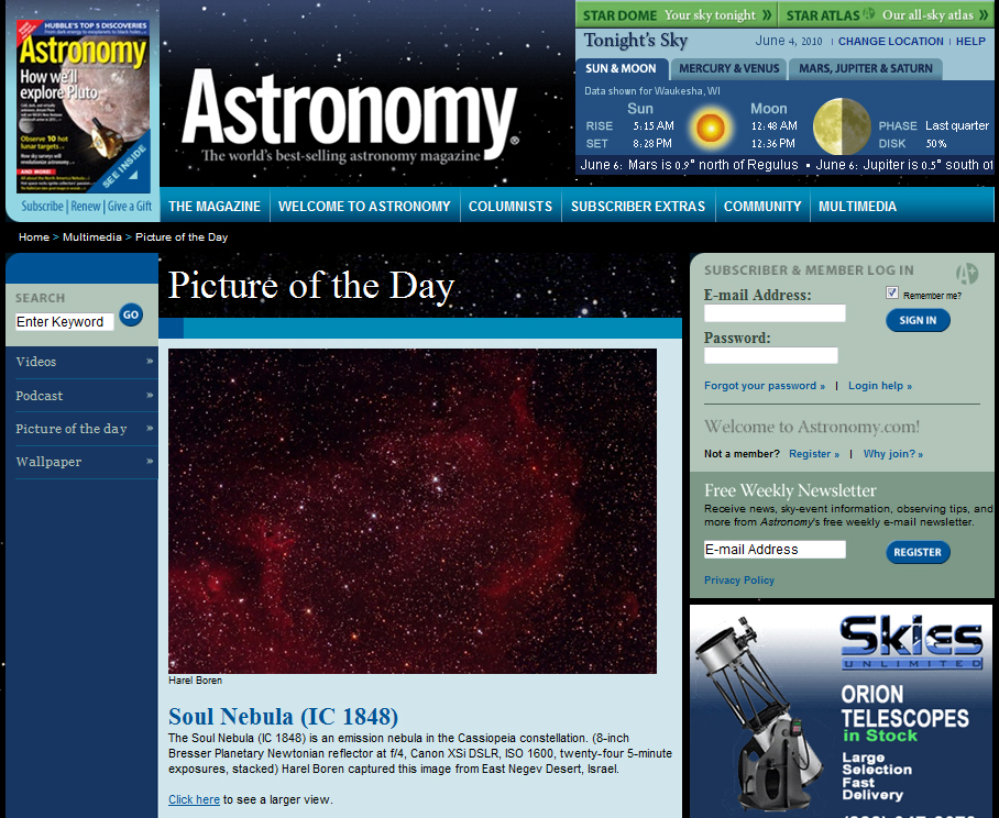 IC 1848, SH 2-199, LBN 667 Soul Nebula Picture of the Day in Astronomy Magazine, June 4th, 2010jpg