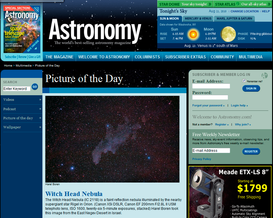 Aug. 20-22.8.2010 Picture of the Day in Astronomy Magazines Web Site - The Witchhead Nebula