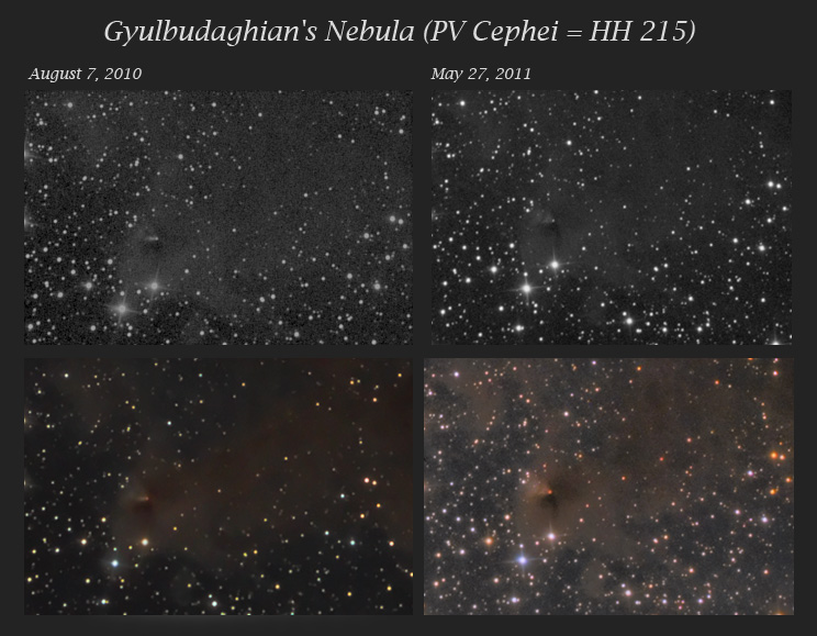 Gyulbudaghians Nebula (PV Cephei = HH 215) - The disappearing jet: Aug 7 2010 - May 27 2011
