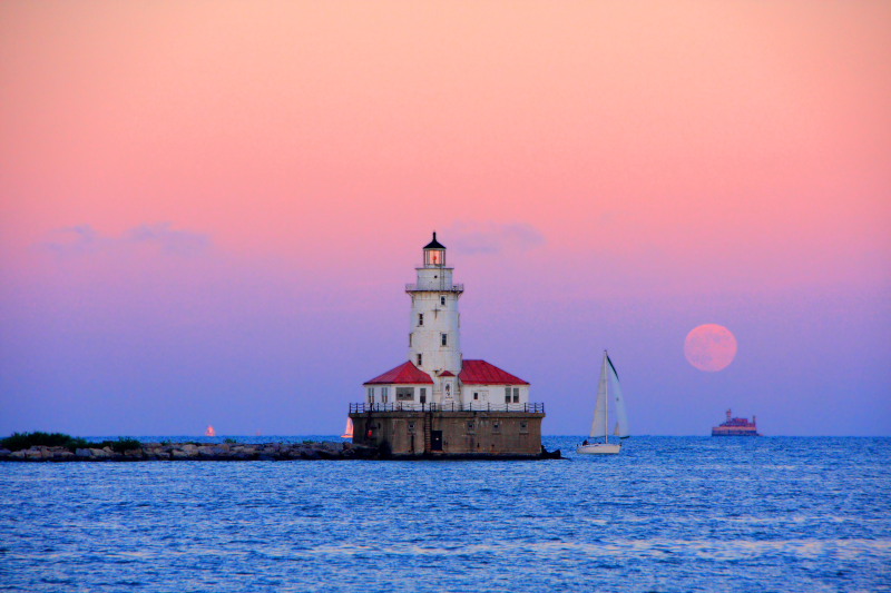 Lake Michigan Chicago Harbor Lighthouse from Navy Pier, sunset, moonrise, Chicago