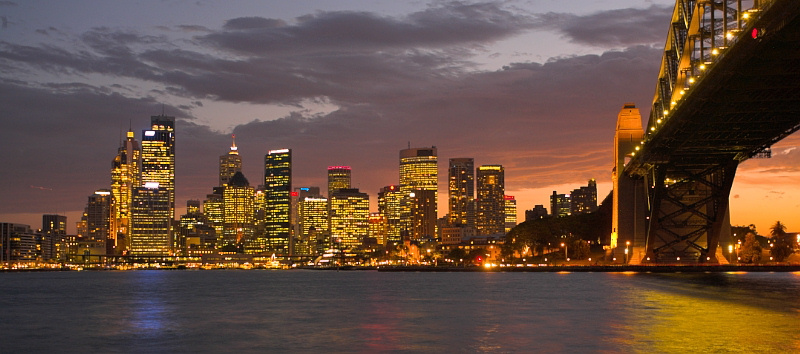 Sydney skyline and harbour bridge fiery sunset