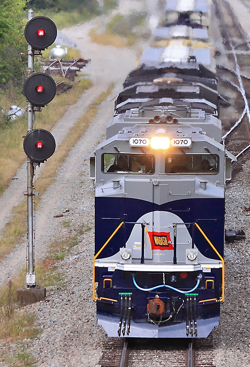 Wabash 1070 leads NS 111 South through the interlocker at CP South Danville 