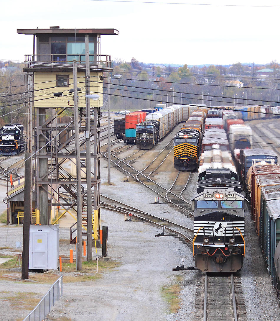 Northbound 114 passes the yard tower at Danville 