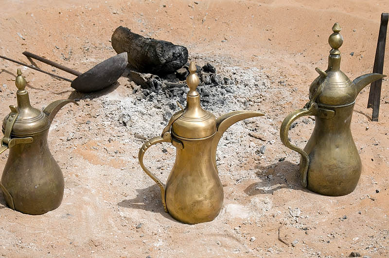 Coffee pots at a desert camp fire, Heritage Village