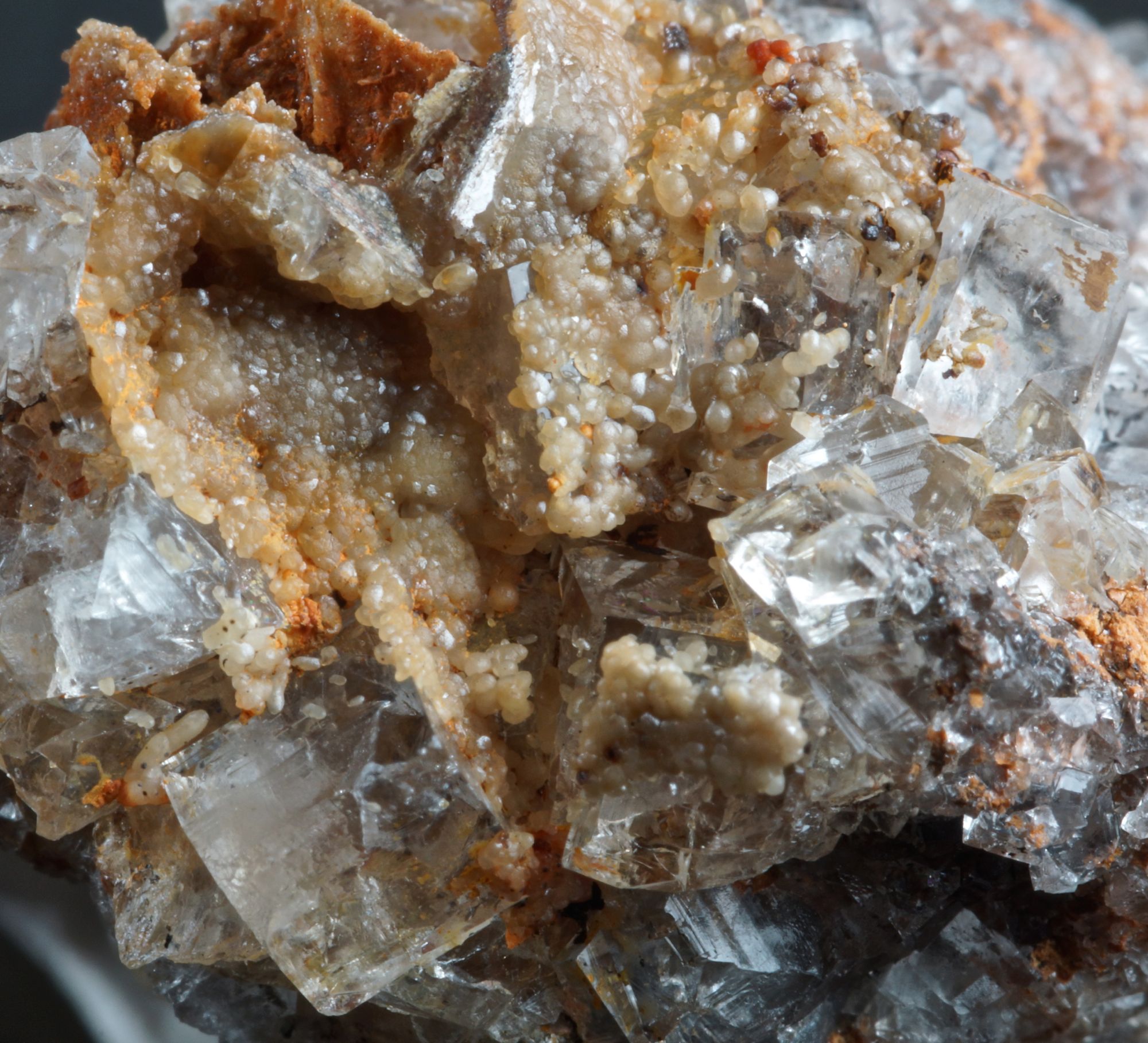 Smithsonite crystals on fluorite, Coldstones Quarry, Greenhow, Pately Bridge, N Yorkshire.