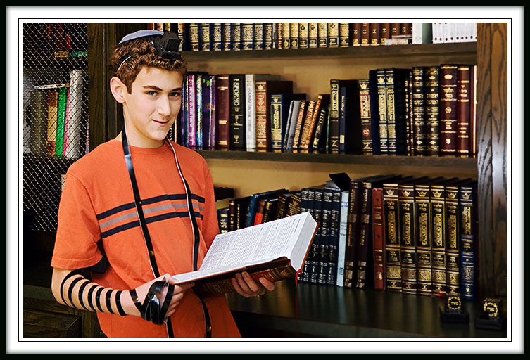 Wearing Tfillin, Josh Prepares for his Bar Mitzvah