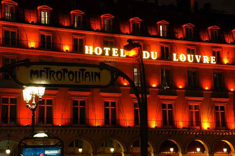 Metro Louvre at night