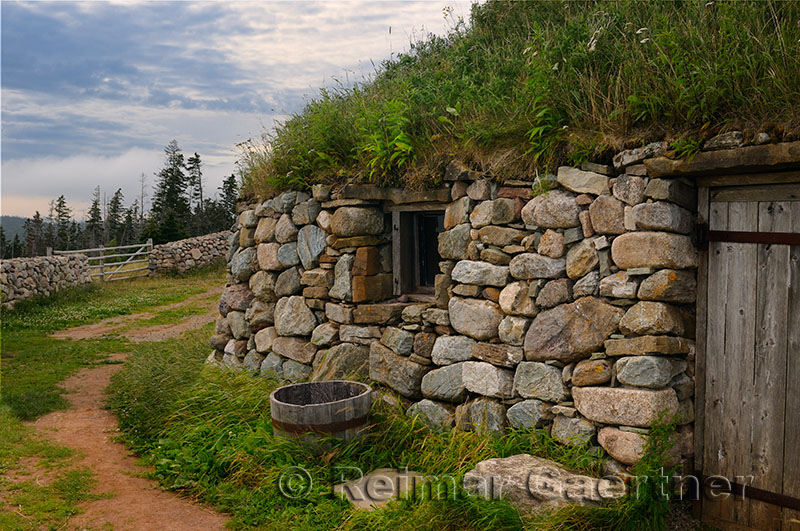Gaelic Black House of stone with sod roof at Highland Village Museum Iona Cape Breton