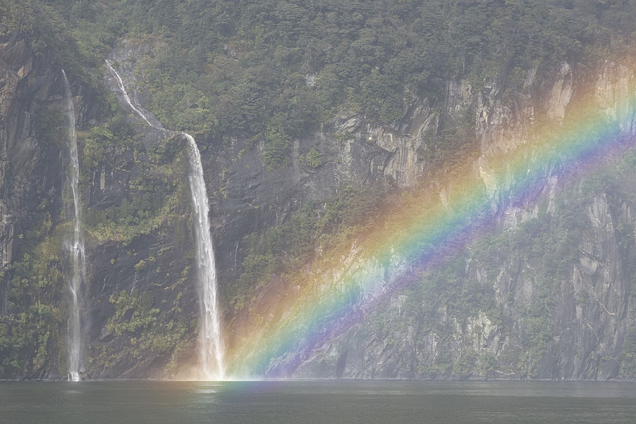 Rainbow and Waterfalls, Milford Sound