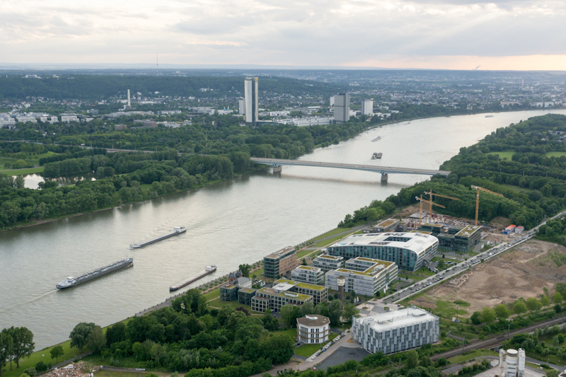 River Rhein with the Rohmühle, Kameha Grand Hotel, Posttower und lange Eugen