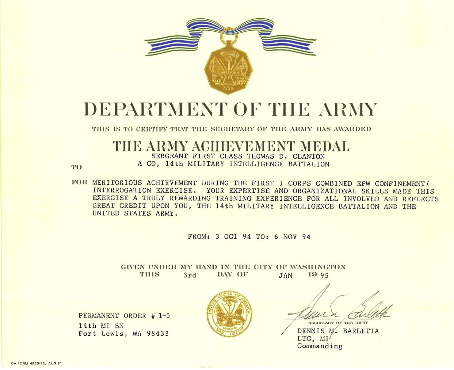 1994 Army Achievement Medal 4th Award