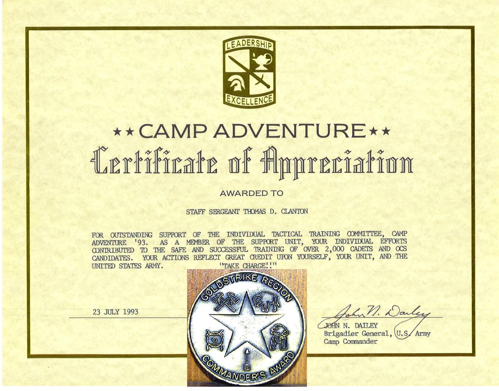 Recognized for as ROTC trainer at Camp Adventure 93