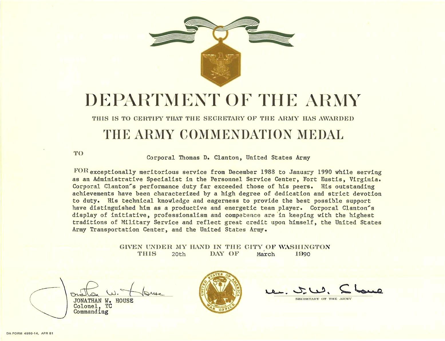 1990 Army Commendation Medal 2nd Award