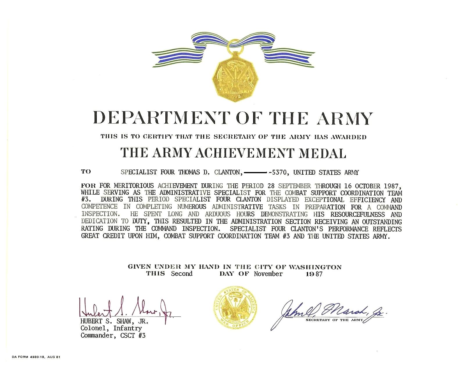 1987 Army Achievement Medal 2nd Award