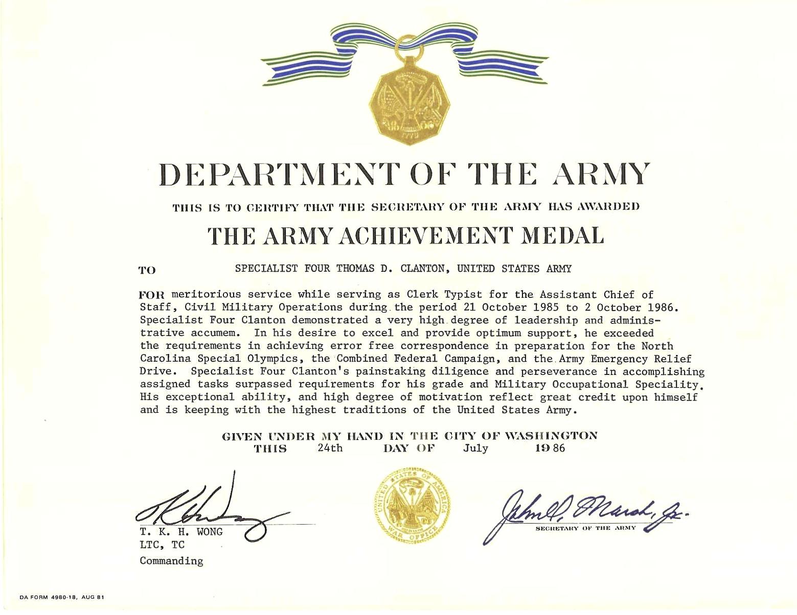 1986 Army Achievement Medal 1st Award