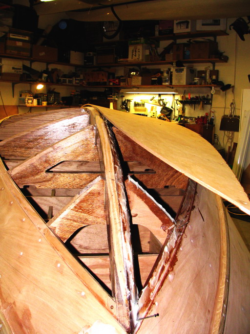 Glue on frames; bow section of first bottom plank.