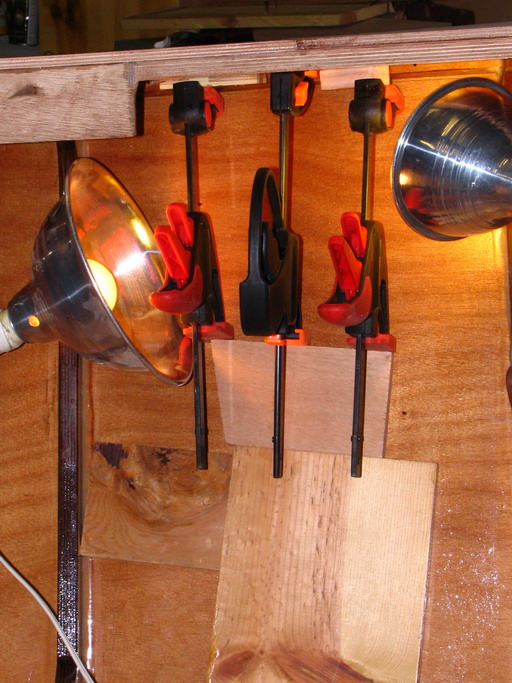 Reversed clamps stacked on top of plywood chunks press a rear butt block splice plate in position.