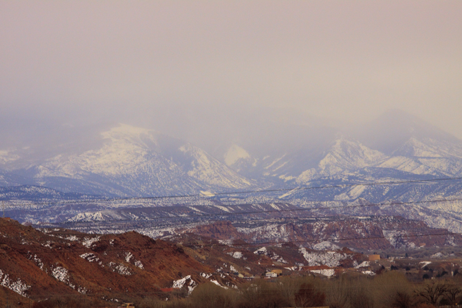 Fog and Snow over the La Sal Mountains near Arches
